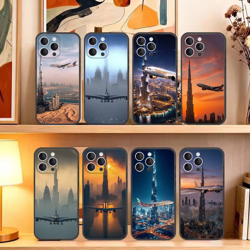 Phone Cases Dubai - ドバイ・ブルジュ・カリファ飛行機柄iPhoneケース iPhone16,15,14,13,12,11,Pro,Max,Plus,X,XS,SE4,E,Mini対応 ソフトブラックケース