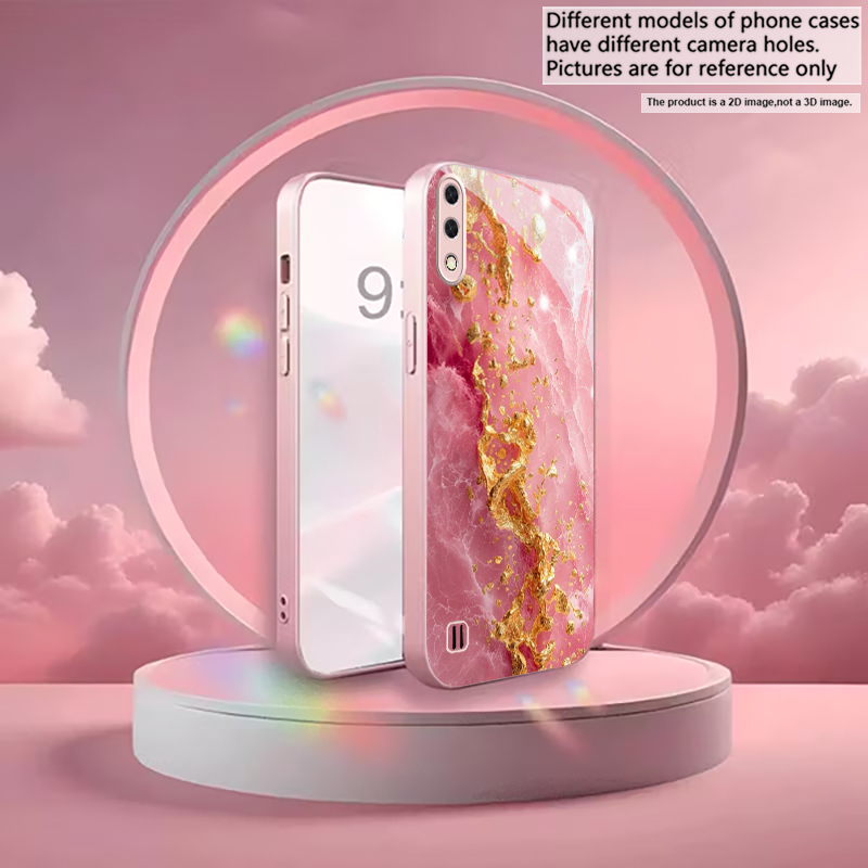 Phone Cases Pink - 桃の花柄金箔ピンクメタリックガラス製スマホケース（Samsung A33/A34/A36/A42/A50/A51/A52/A53/A54/A55/A56/A70/A71/A72対応）