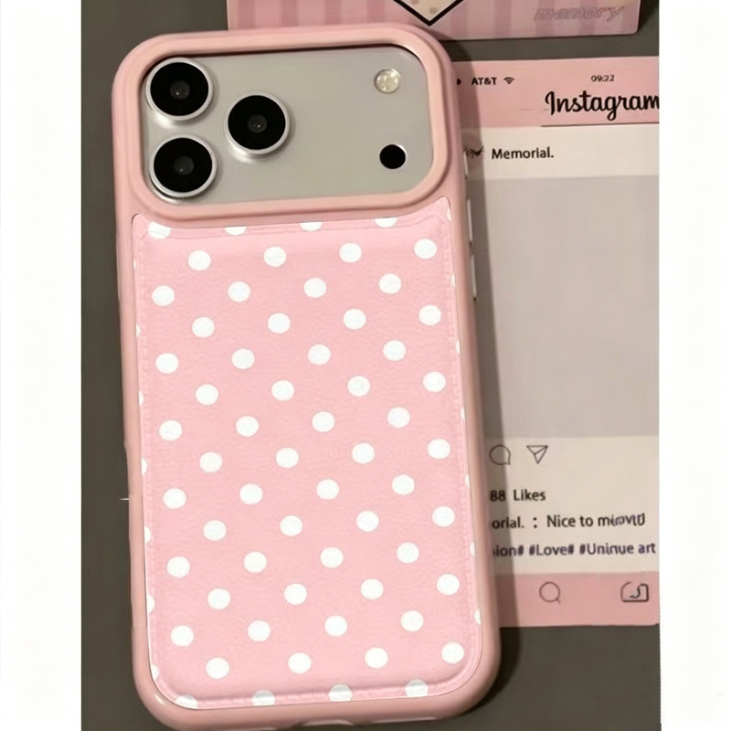Phone Cases Pink - 韓国のトレンドのかわいいピンクの水玉模様レザー製スマホケース iPhone 17 Air 16 15