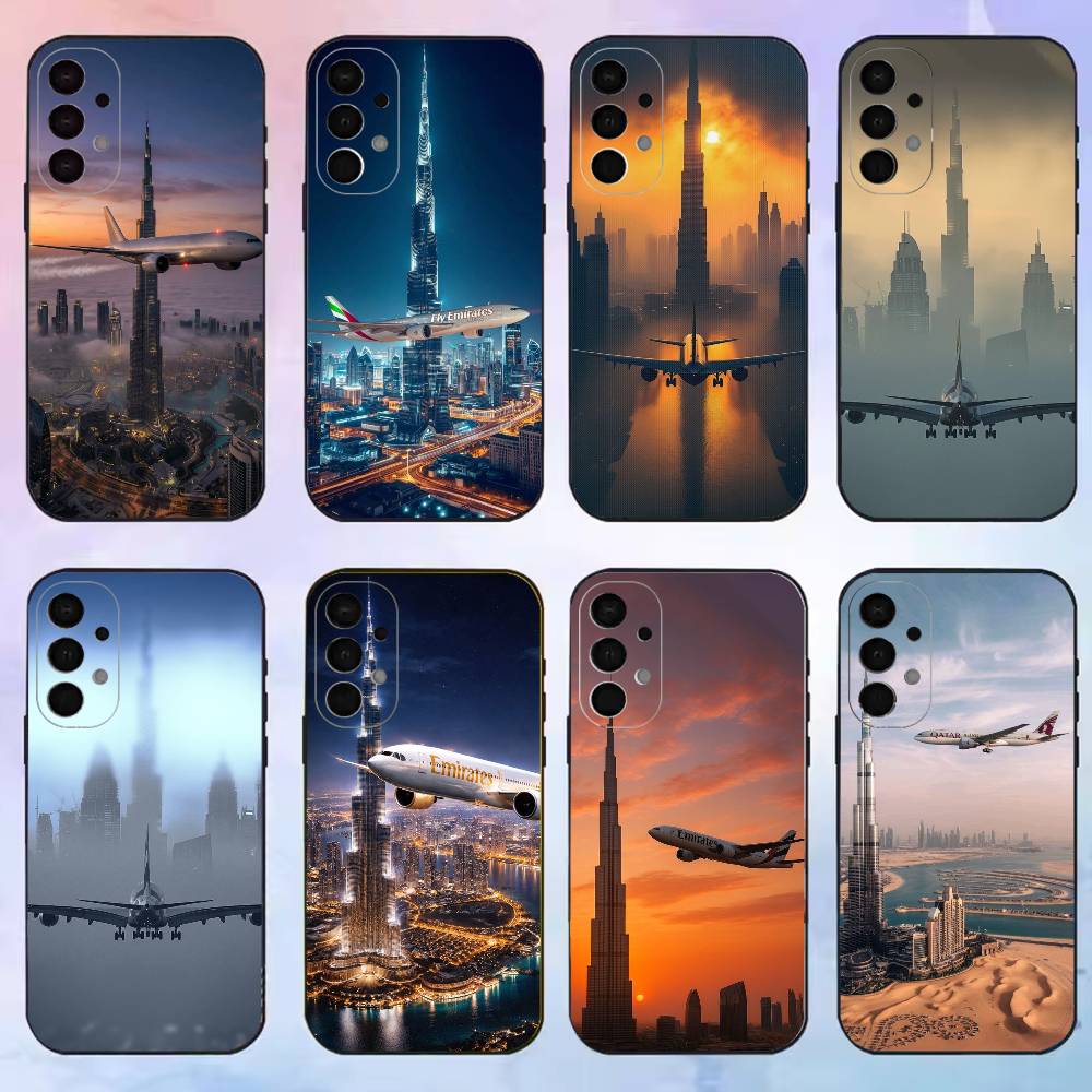 Phone Cases Dubai - ドバイ ブルジュ・カリファ 飛行機型スマホケース サムスン S25,24,21,22,23,30,Ultra,20,Plus,Fe,Lite,Note用 ブラックカバー