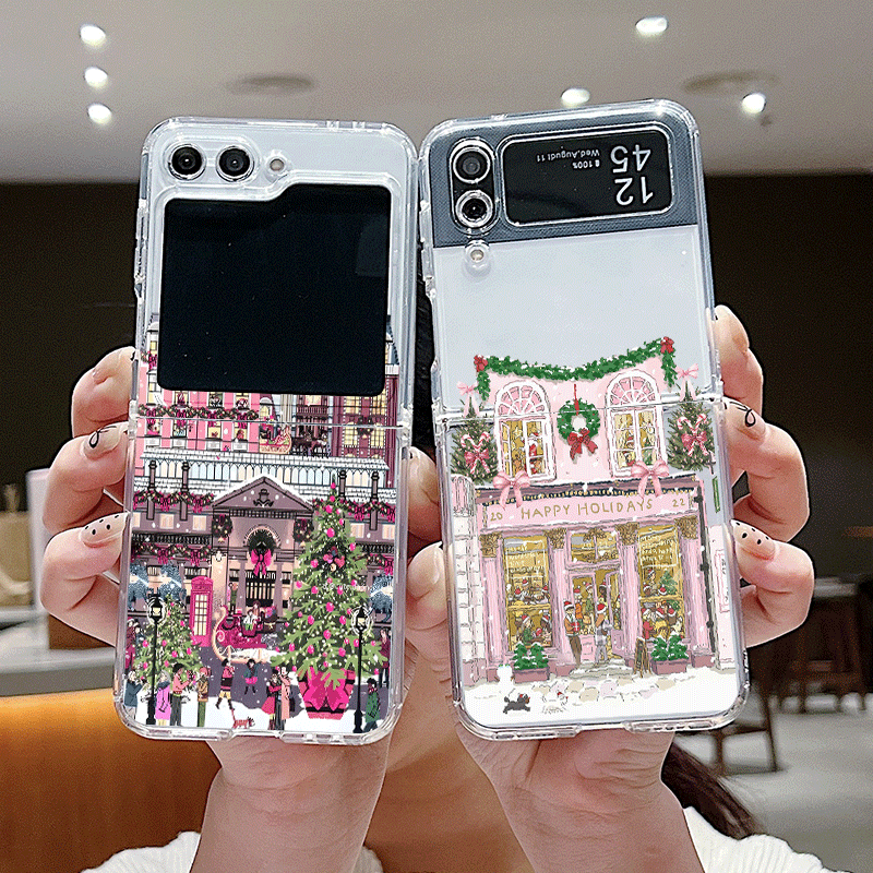 Phone Cases Z Fold 4 - 田舎の建物 雪景色 クリスマス クリア電話ケース Samsung Galaxy
