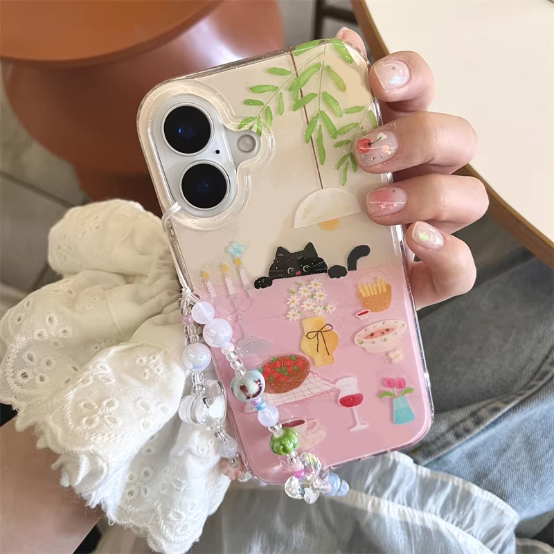 Phone Cases Girls - インスタ映え可愛いダイニングテーブルと小さな黒猫の漫画風スマホケース iPhone 17 16 15 14