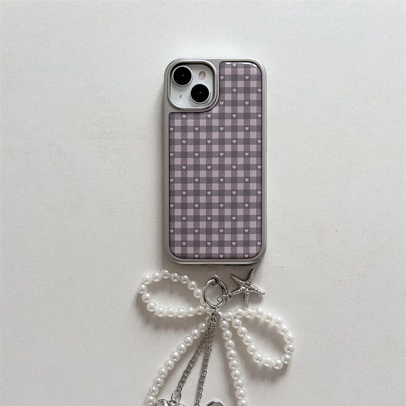 ピンクパープルハート型チェック柄韓国風ガールハートキュートス - Phone Cases Girls のレビューと価格
