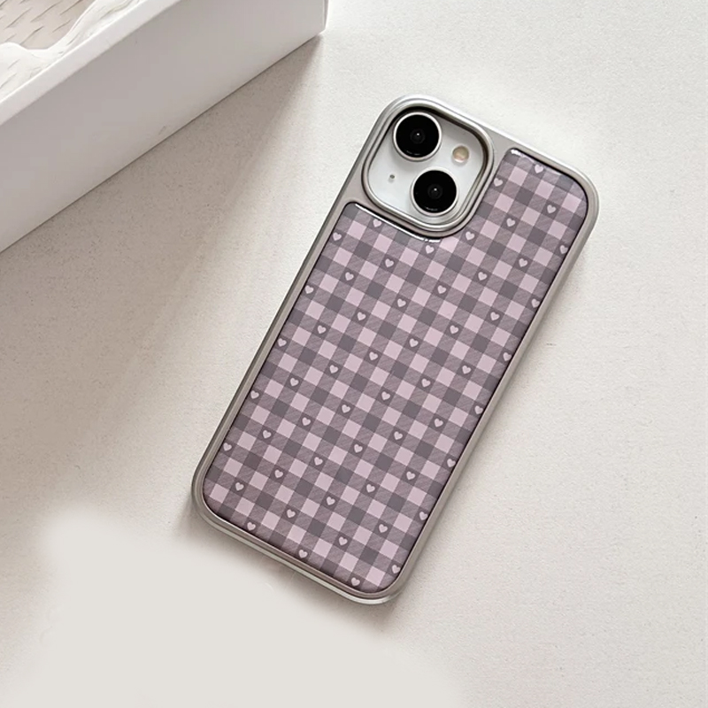 ピンクパープルハート型チェック柄韓国風ガールハートキュートス - Phone Cases Girls のレビューと価格