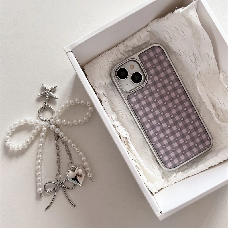 ピンクパープルハート型チェック柄韓国風ガールハートキュートス - Phone Cases Girls のレビューと価格