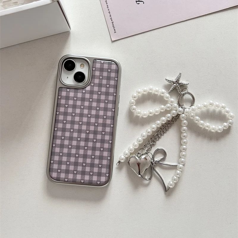 ピンクパープルハート型チェック柄韓国風ガールハートキュートス - Phone Cases Girls のレビューと価格