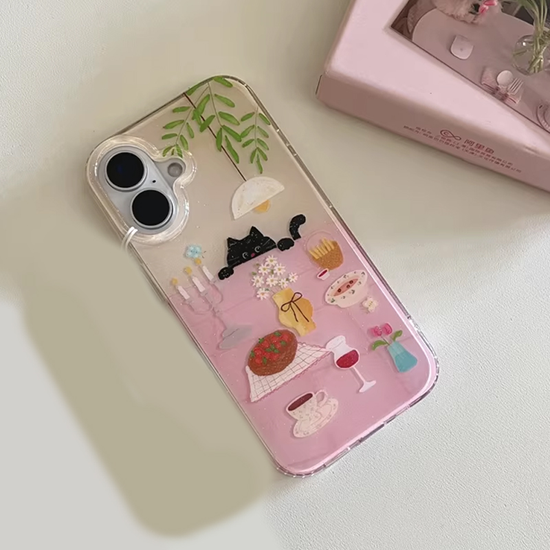 インスタ映え可愛いダイニングテーブルと小さな黒猫の漫画風スマ - Phone Cases Girls のレビューと価格