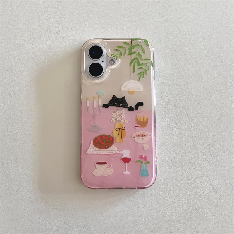 インスタ映え可愛いダイニングテーブルと小さな黒猫の漫画風スマ - Phone Cases Girls のレビューと価格